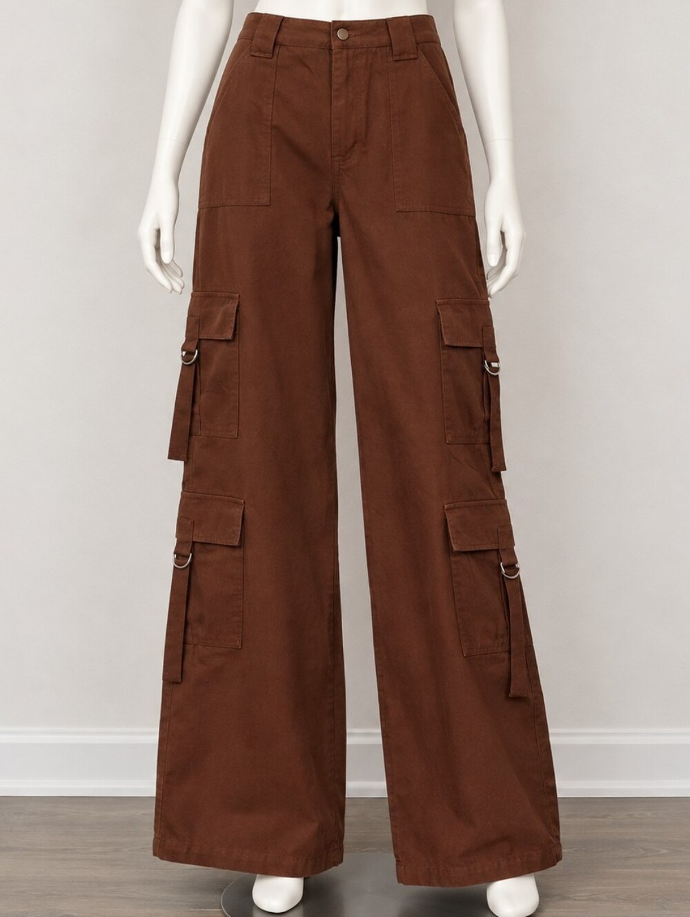 Women's Brown Baggy Cargo Pants WithD Ring Double Cargo Pockets On Both Legs